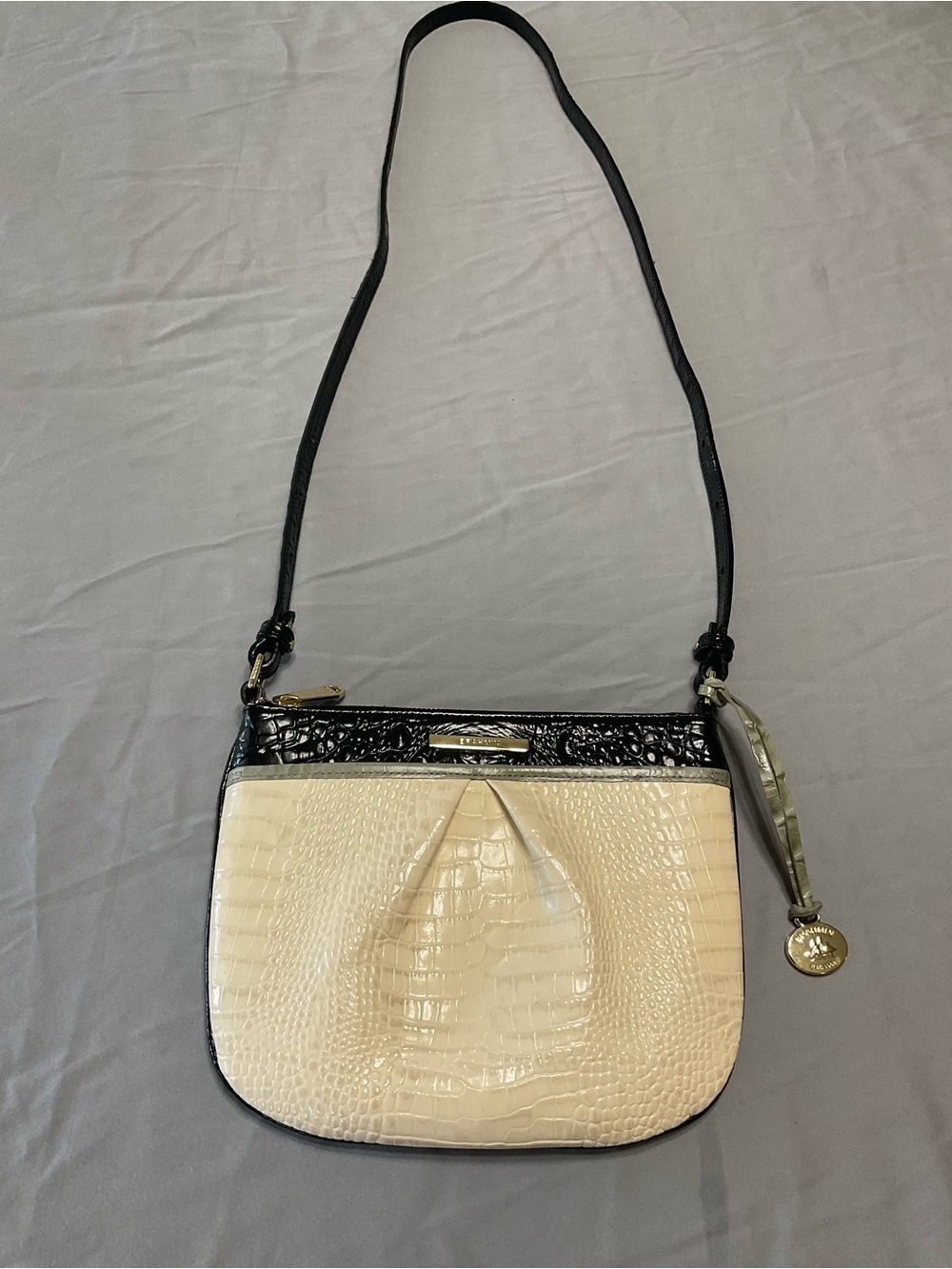 Brahmin Cream and Black Croc-Embossed Shoulder Bag